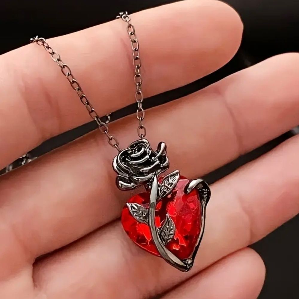 Gothic Black Gun Plated Rose & Heart Diamond Entwined Pendant Necklace - Picture 4 of 6